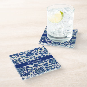 Blue White Wildflower French Country Custom Name Glass Coaster