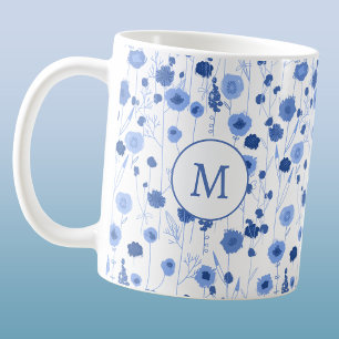 Blue White Wildflower Meadow Botanical Monogram Coffee Mug