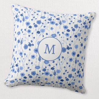 Blue White Wildflower Monogram Initial Floral Cushion