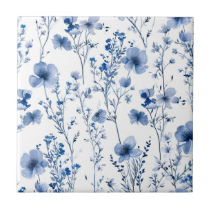 Blue White Wildflower Watercolor Floral Pattern Tile