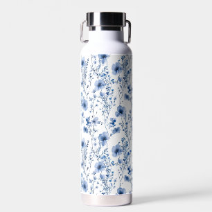 Blue White Wildflower Watercolor Floral Pattern Water Bottle