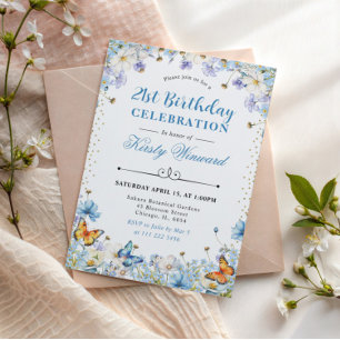 Blue White Wildflowers & Butterflies Birthday Invitation