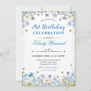 Blue White Wildflowers Forget Me Nots Birthday Invitation