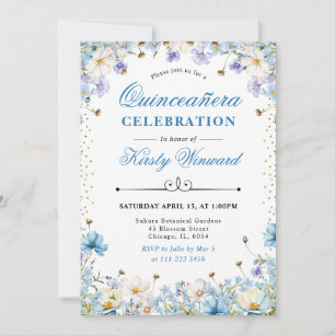 Blue White Wildflowers Forget Me Nots Quinceanera Invitation