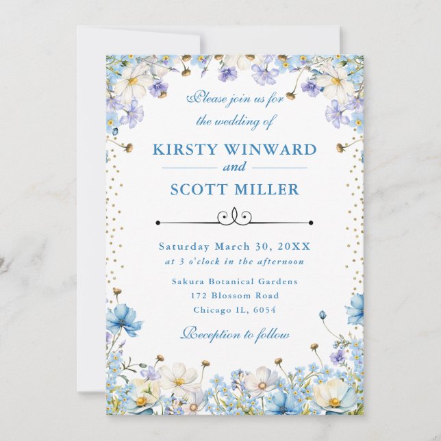 Blue White Wildflowers Forget Me Nots Wedding Invitation (Front)