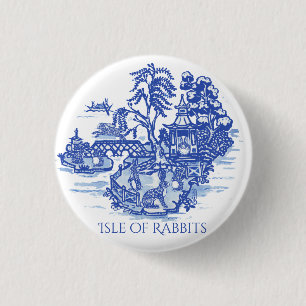 Blue & White Willow Rabbit FloraI Island Pagoda 3 Cm Round Badge