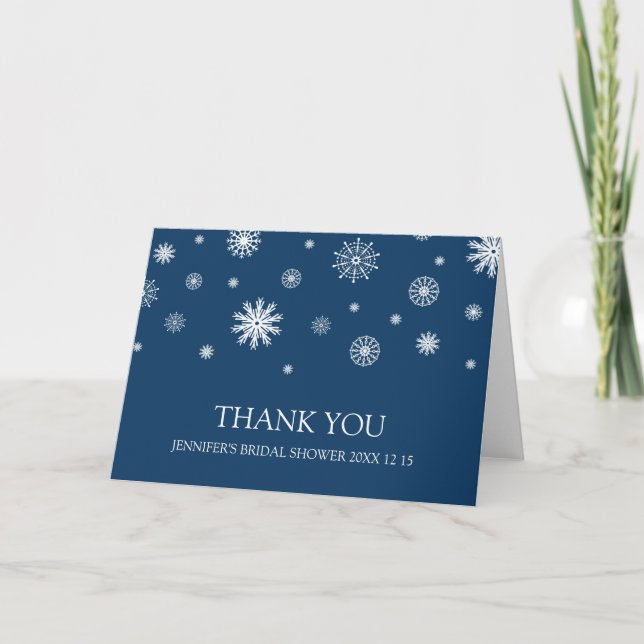 Blue White Winter Bridal Shower Thank You Card (Front)