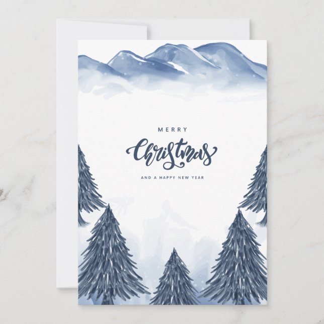 Blue White Winter Landscape Christmas Greeting Holiday Card (Front)