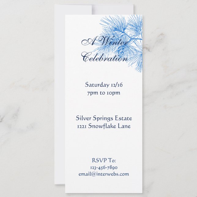 Blue White Winter Pine Custom Holiday Invitations (Back)