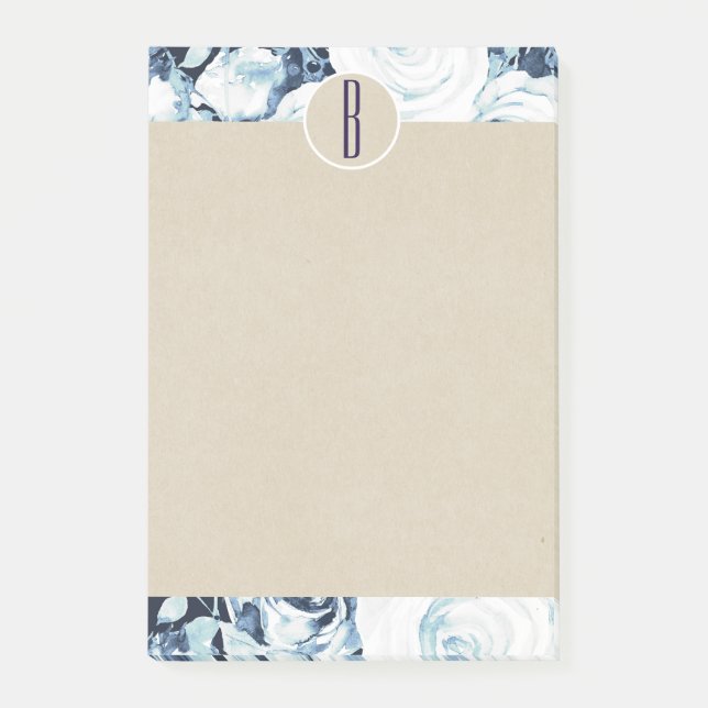 Blue White Winter Roses Kraft Rustic Monogram Post-it Notes (Front)