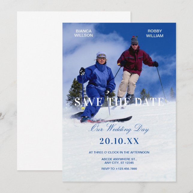 Blue white winter ski wedding photo  save the date (Front/Back)
