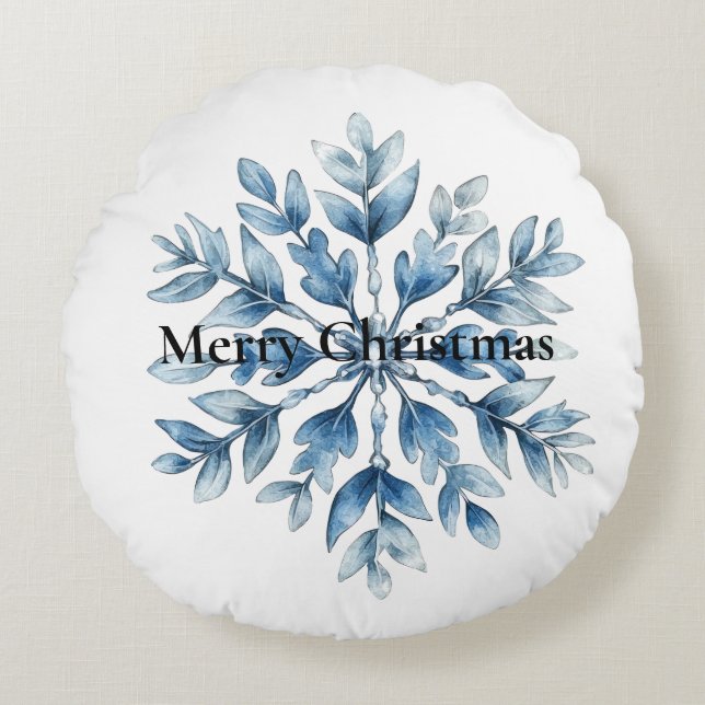 Blue White Winter Snowflake Christmas Round Cushion (Front)