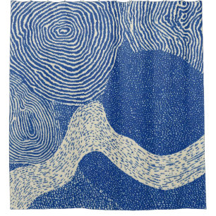 Blue White Woodcut Wave Abstract Pattern Shower Curtain