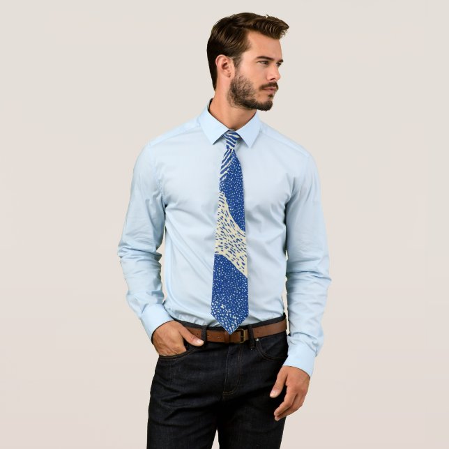 Blue White Woodcut Wave Abstract Pattern Tie (In Situ)