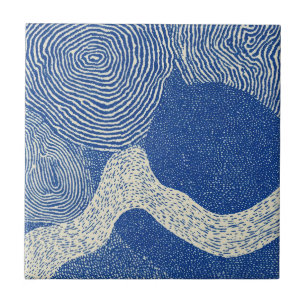 Blue White Woodcut Wave Abstract Pattern Tile