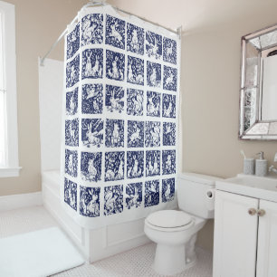 Blue White Woodland Forest Animal Tile Rabbit Bear Shower Curtain