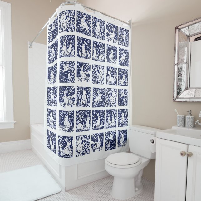 Blue White Woodland Forest Animal Tile Rabbit Bear Shower Curtain (In Situ)