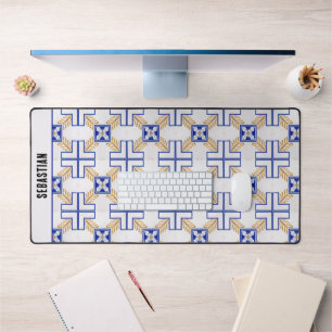 Blue White Yellow Azulejo Portuguese Tiles Name Desk Mat