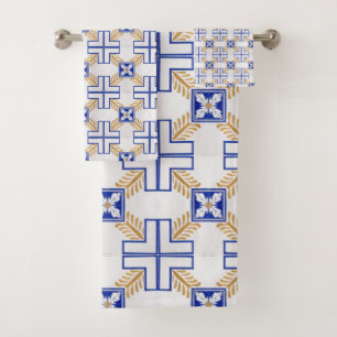 Blue White Yellow Azulejo Portuguese Tiles Pattern Bath Towel Set