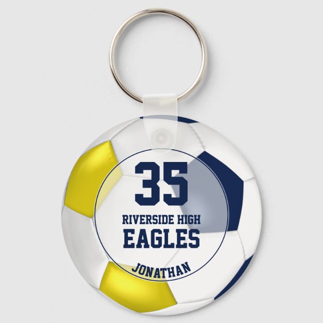 blue white yellow boys soccer team colours key ring (Front)