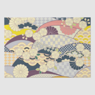 Blue White Yellow Japanese Kimono Floral Decoupage Tissue Paper