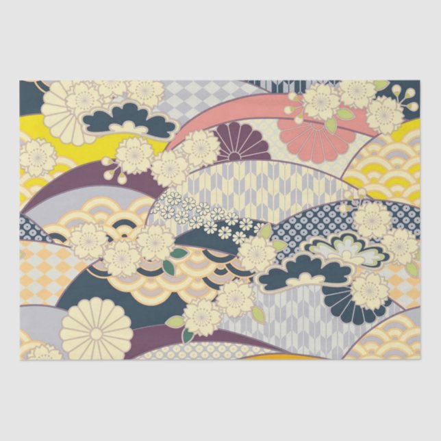 Blue White Yellow Japanese Kimono Floral Decoupage Tissue Paper (Front)