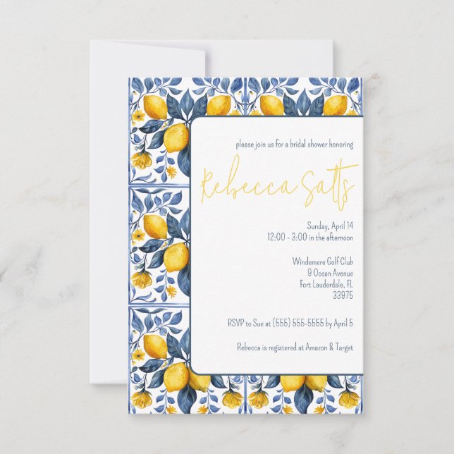 Blue, White, Yellow Lemons Majolica Bridal Shower Invitation (Front)