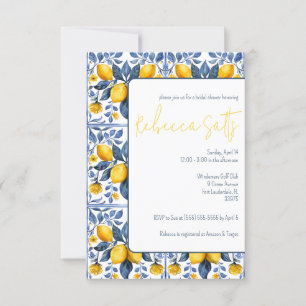Blue, White, Yellow Lemons Majolica Bridal Shower Invitation