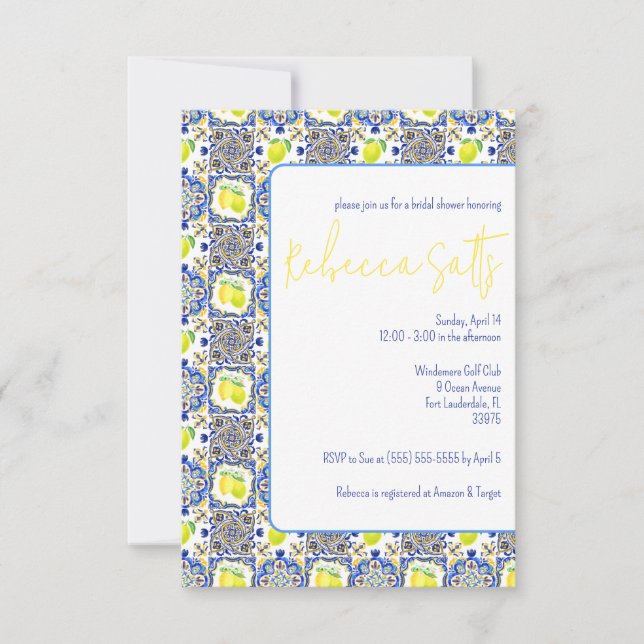 Blue, White, Yellow Lemons Majolica Bridal Shower Invitation (Front)