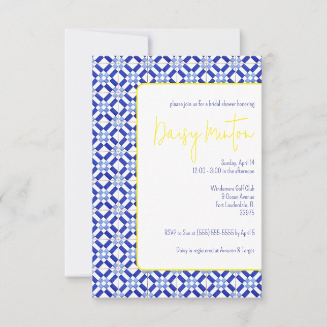 Blue, White, Yellow Majolica Tile Bridal Shower Invitation (Front)