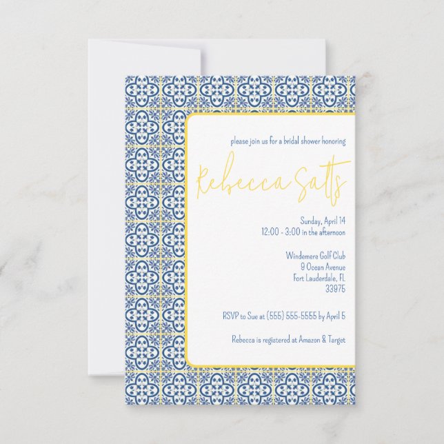 Blue White Yellow Mediterranean Tile Bridal Shower Invitation (Front)