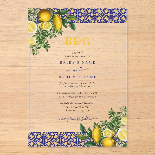 Blue White Yellow Mediterranean Tile Lemon Wedding Acrylic Invitations (Front)