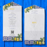 Blue White Yellow Mediterranean Tile Lemon Wedding All In One Invitation<br><div class="desc">A modern monogram Mediterranean tiles and lemons wedding design with a Mediterranean style white wash wall background. A Mediterranean destination themed wedding design that uses watercolor illustrations of blue, white and yellow tiles and lemons to create an elegant summer wedding design. A charming destination Spanish, Greek, Italian or Portuguese Summer...</div>