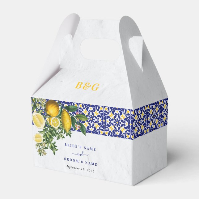 Blue White Yellow Mediterranean Tile Lemon Wedding Favour Box (Front Side)