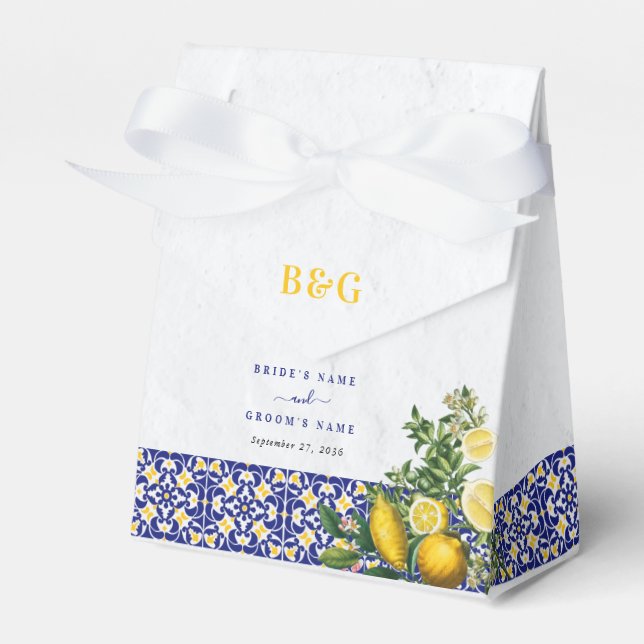 Blue White Yellow Mediterranean Tile Lemon Wedding Favour Box (Front Side)