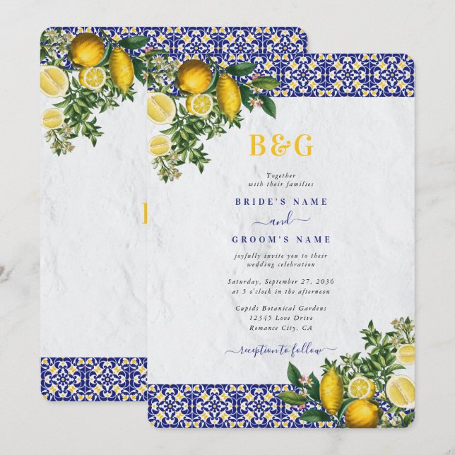 Blue White Yellow Mediterranean Tile Lemon Wedding Invitation (Front/Back)