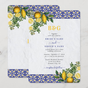Blue White Yellow Mediterranean Tile Lemon Wedding Invitation