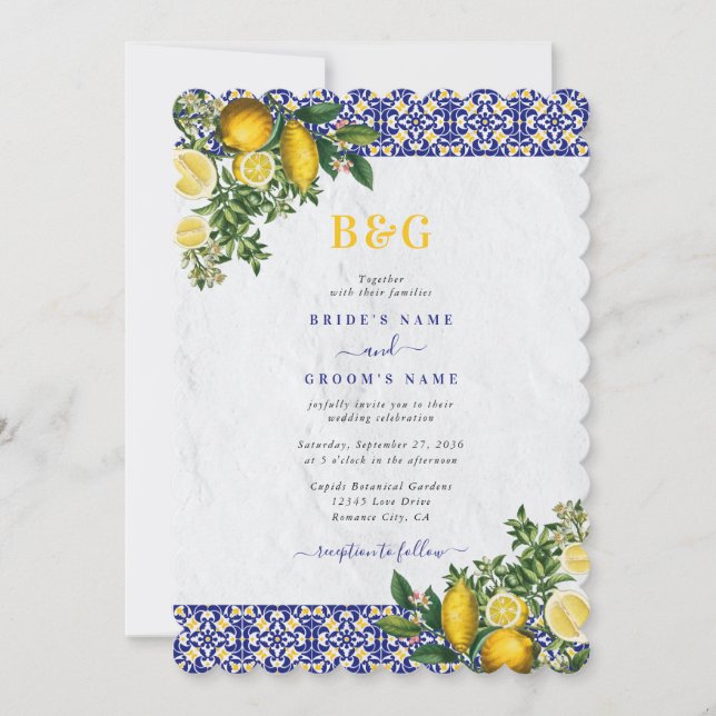 Blue White Yellow Mediterranean Tile Lemon Wedding Invitation (Front)