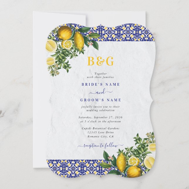 Blue White Yellow Mediterranean Tile Lemon Wedding Invitation (Front)