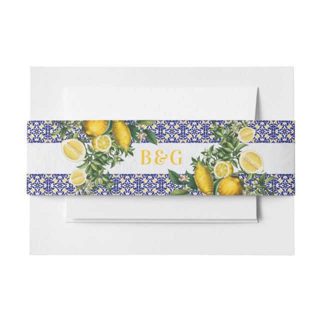 Blue White Yellow Mediterranean Tile Lemon Wedding Invitation Belly Band (Front Example)