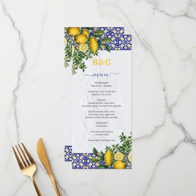 Blue White Yellow Mediterranean Tile Lemon Wedding Menu (Front/Back In Situ)