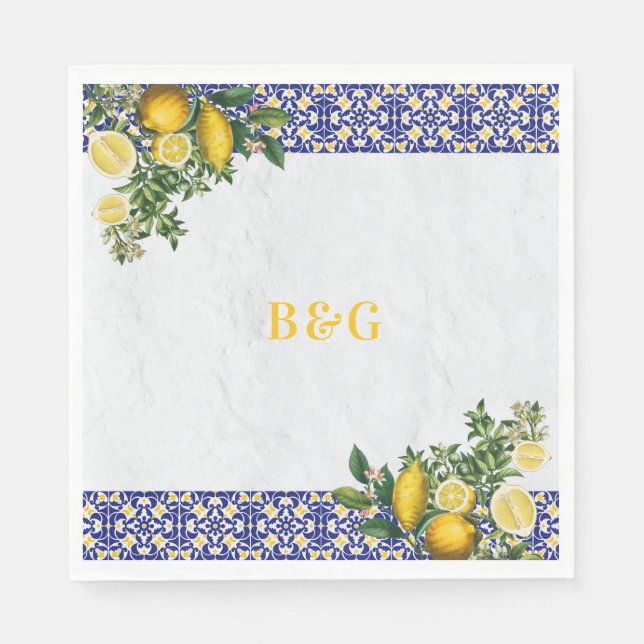 Blue White Yellow Mediterranean Tile Lemon Wedding Napkin (Front)