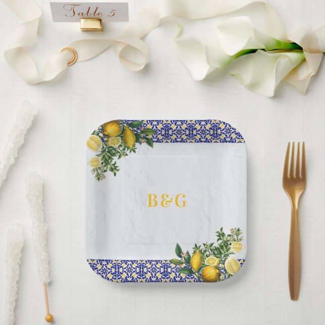 Blue White Yellow Mediterranean Tile Lemon Wedding Paper Plate (Wedding)