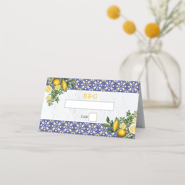 Blue White Yellow Mediterranean Tile Lemon Wedding Place Card (Front)