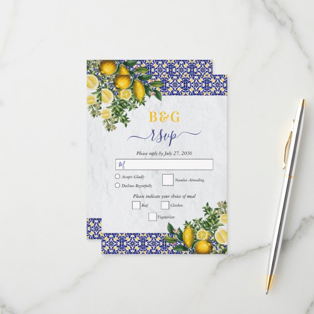 Blue White Yellow Mediterranean Tile Lemon Wedding RSVP Card (Front/Back In Situ)