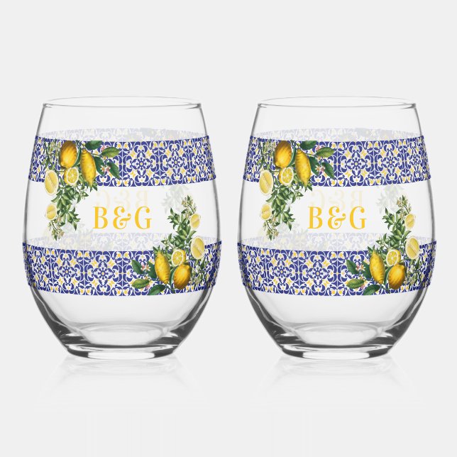 Blue White Yellow Mediterranean Tile Lemon Wedding Stemless Wine Glass (Front)