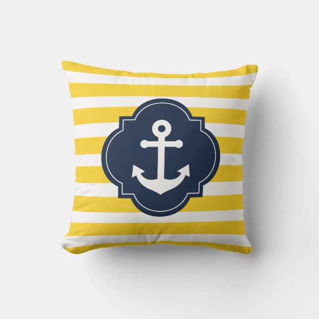Blue White & Yellow Nautical Anchor Striped Pillow (Front)