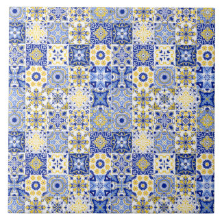 blue& white yellow Portuguese Azulejo pattern Tile