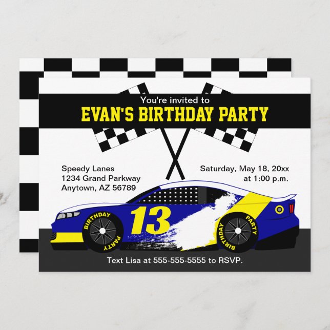 Blue White Yellow Race Car Birthday Party Card (Front/Back)