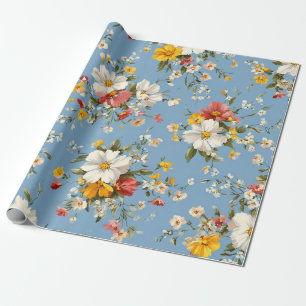 Blue White Yellow Red Ditsy Flower Pastel Boho 70s Wrapping Paper